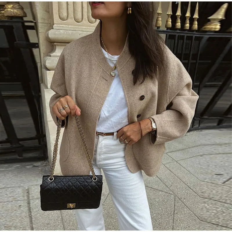 Women's Double-Breasted Winter Coat – Relaxed Stand Collar Overcoat