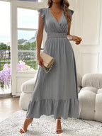 Women's V-Neck Tiered Evening Maxi Dress – Short Sleeve Smocked Waist Dress