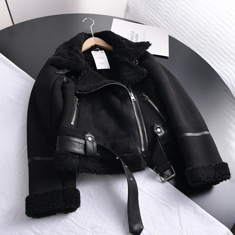 Women's Faux Shearling Aviator Jacket – Cropped Winter Jacket