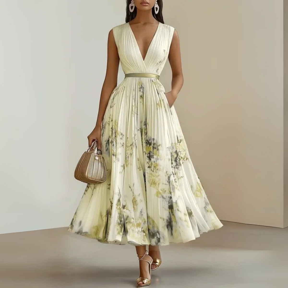 Women's Pleated Floral Maxi Dress – Sleeveless Wedding Guest Occasion Dress