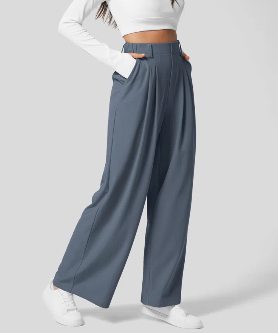 Women's High Waisted Four Pocket Pants – Elastic Waist Wide Leg Trousers
