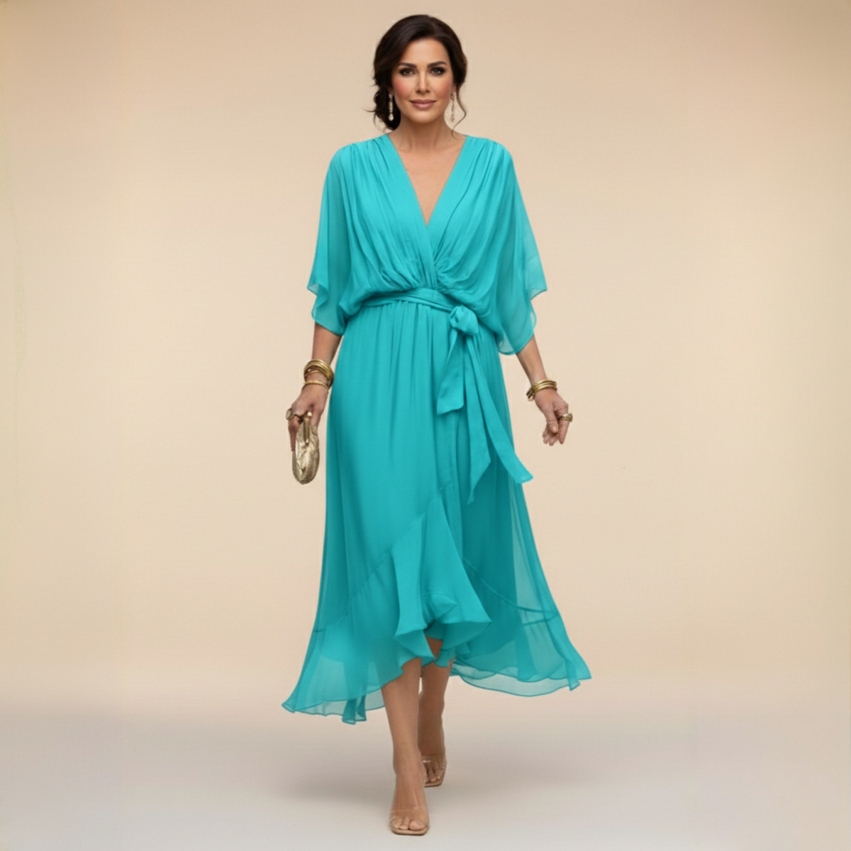 Women's V-Neck Summer Dress – Three-Quarter Sleeve Flowy Dress