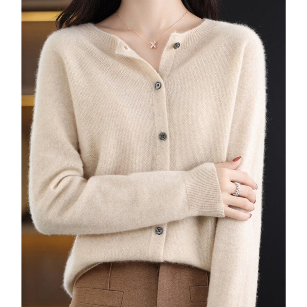 Women's Crew Neck Button Cardigan – Classic Long Sleeve Knit Layer