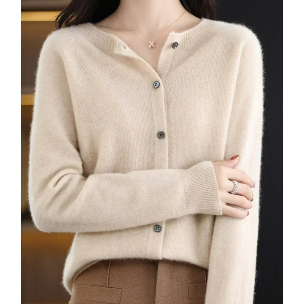 Women's Round Neck Button Cardigan – Classic Long Sleeve Cardigan