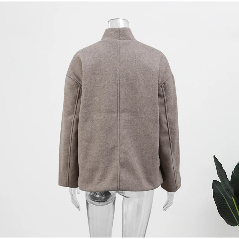 Women's Double-Breasted Winter Coat – Relaxed Stand Collar Overcoat