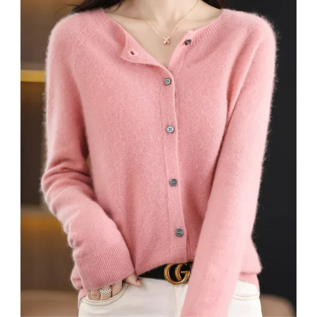 Women's Round Neck Button Cardigan – Lightweight Long Sleeve Cardigan