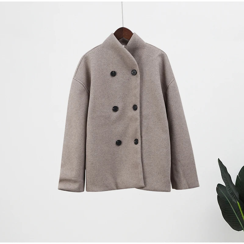 Women's Double-Breasted Winter Coat – Relaxed Stand Collar Overcoat