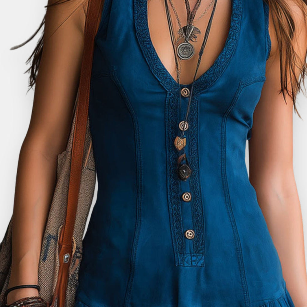 Women's Boho Ruffle Dress – V-Neck Cinched Waist Summer Dress