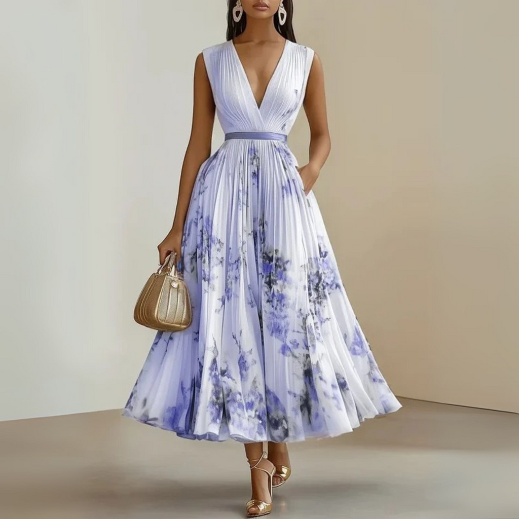 Women's Pleated Floral Maxi Dress – Sleeveless Wedding Guest Occasion Dress