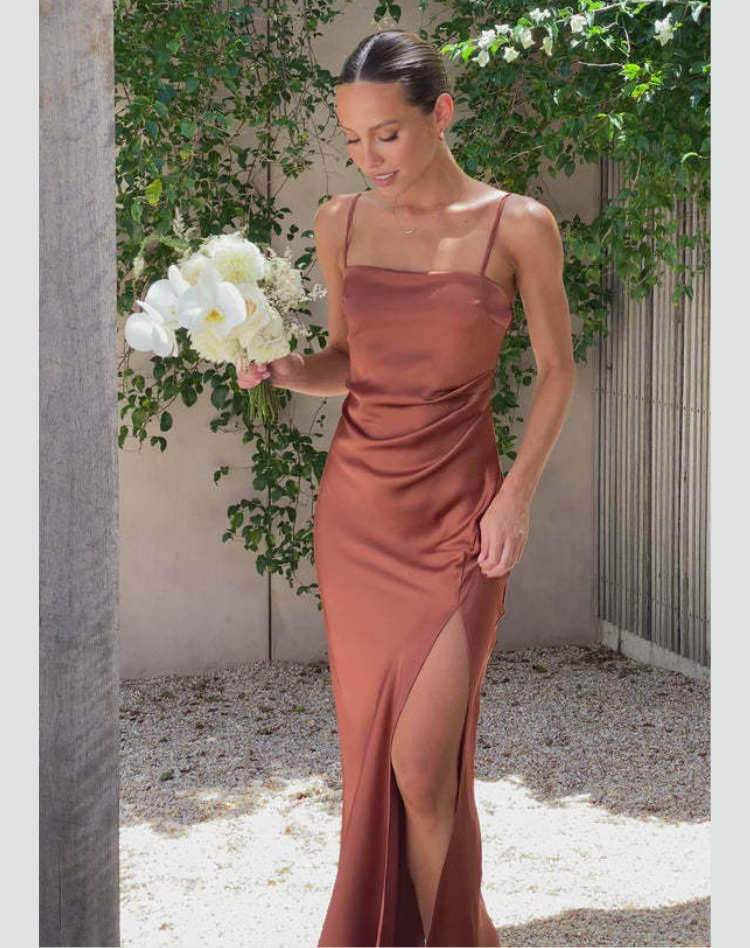 Women's Strappy Evening Maxi Dress – Fitted Side Slit Formal Dress
