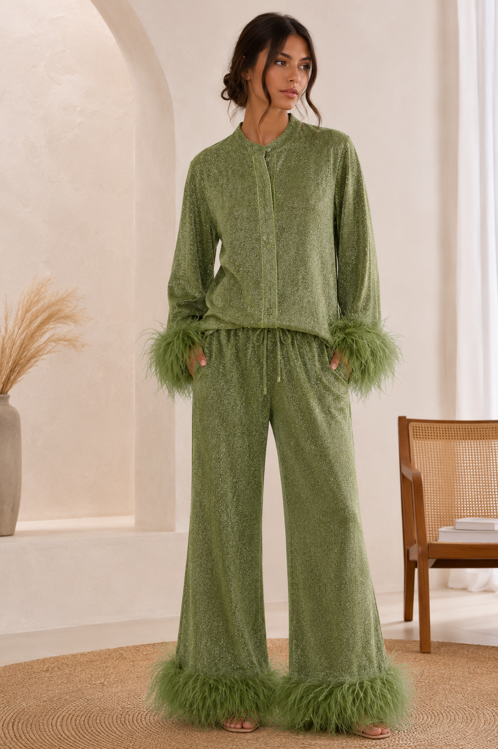 Women's Glitter Party Set – Feather Trim Top & Wide Leg Sequin Pants Set