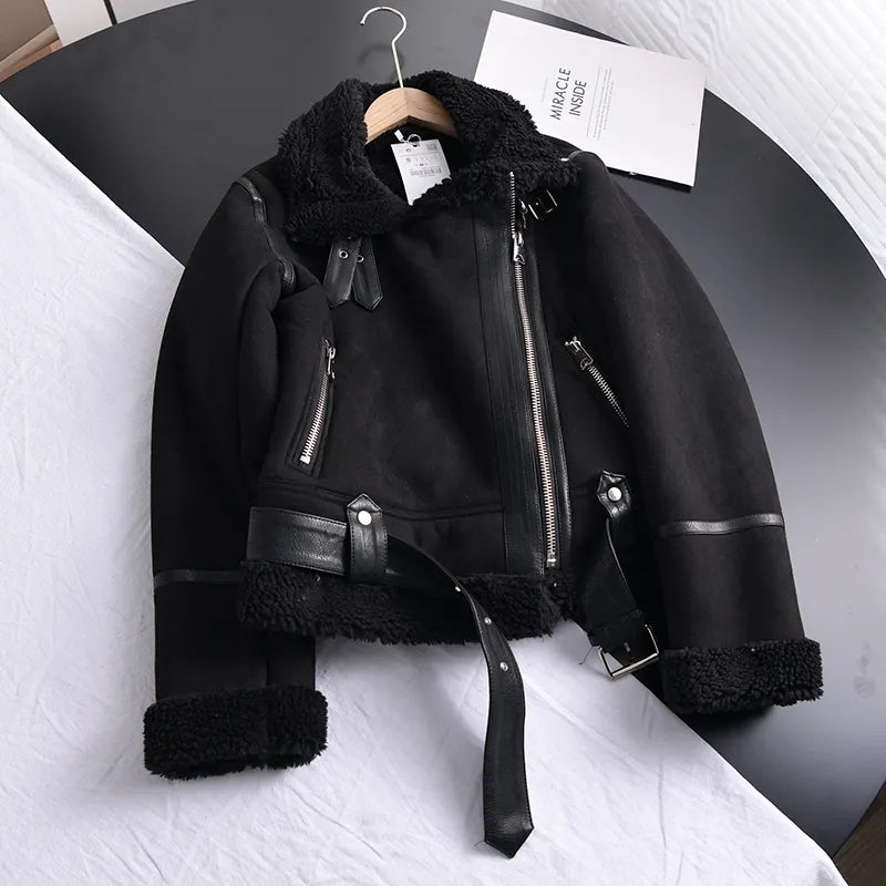 Women's Faux Shearling Aviator Jacket – Cropped Winter Jacket
