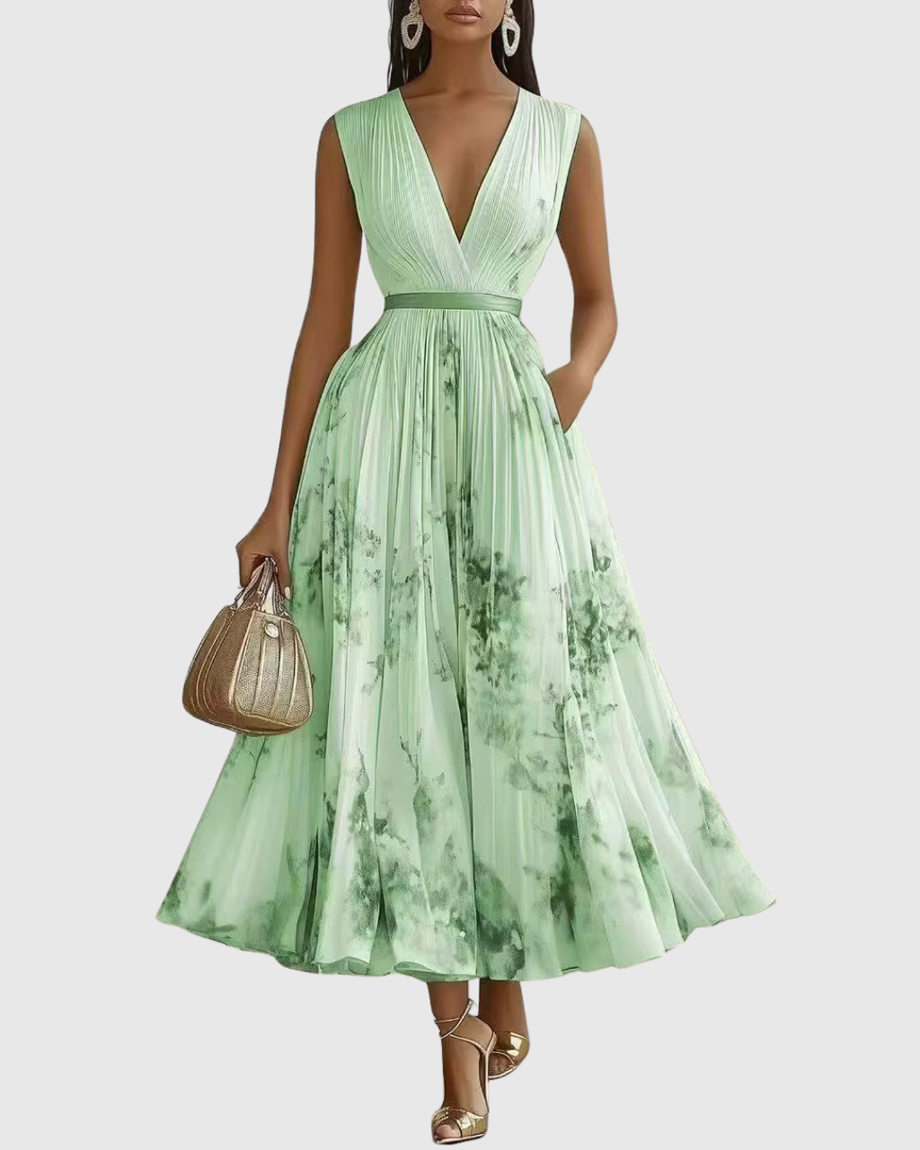 Women's Pleated Wedding Guest Midi Dress – Sleeveless Floral Occasion Dress