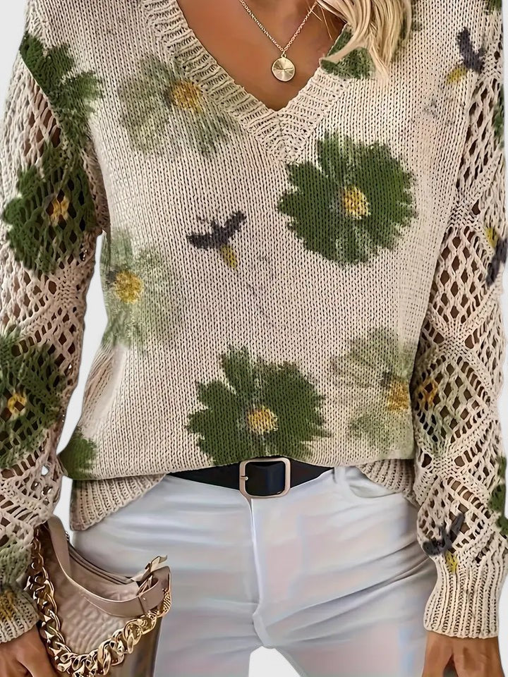 Women's V-Neck Floral Cardigan – Button Front Patterned Knit Cardigan