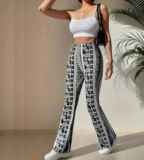 Women's Elastic Waist Printed Flared Pants – Casual Summer Trousers