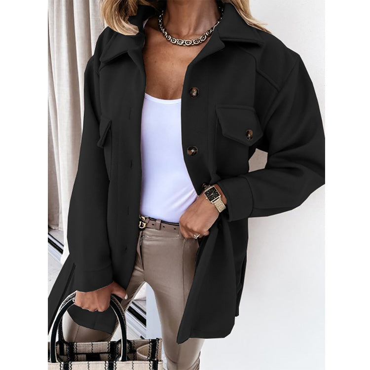Women's Folded Collar Coat – Mid-Length Button Front Winter Overcoat