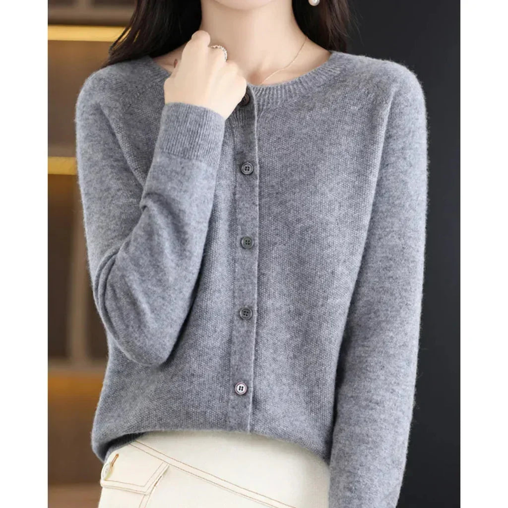 Women's Round Neck Button Cardigan – Classic Long Sleeve Cardigan