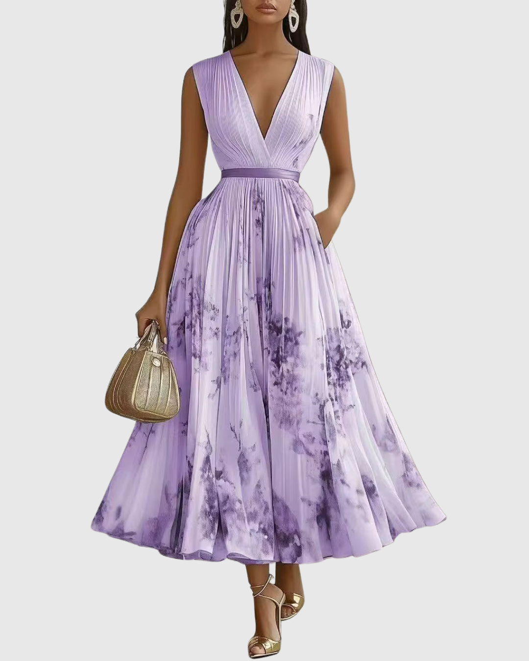 Women's Pleated Wedding Guest Midi Dress – Sleeveless Floral Occasion Dress