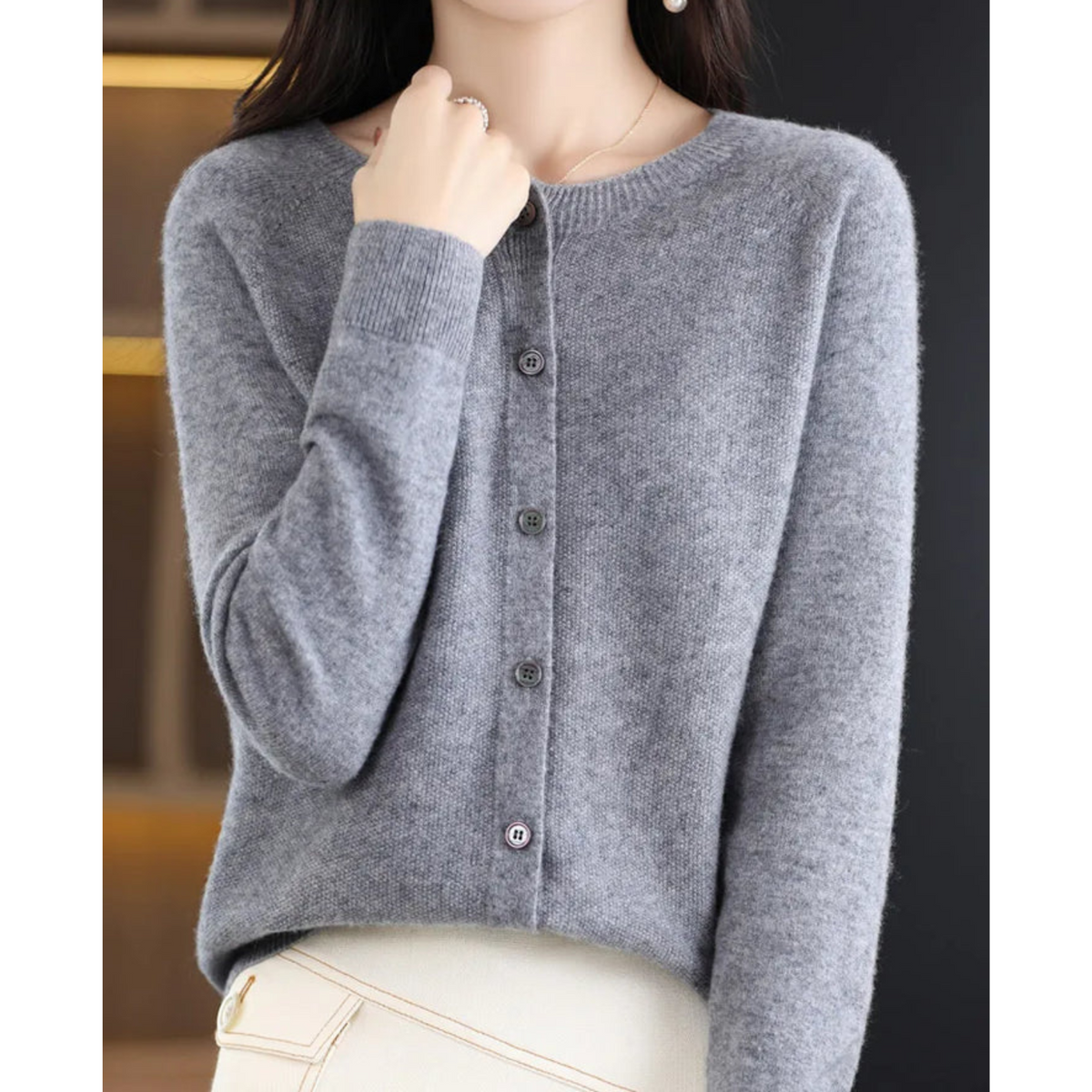 Women's Classic Button Cardigan – Crew Neck Long Sleeve Knit Cardigan