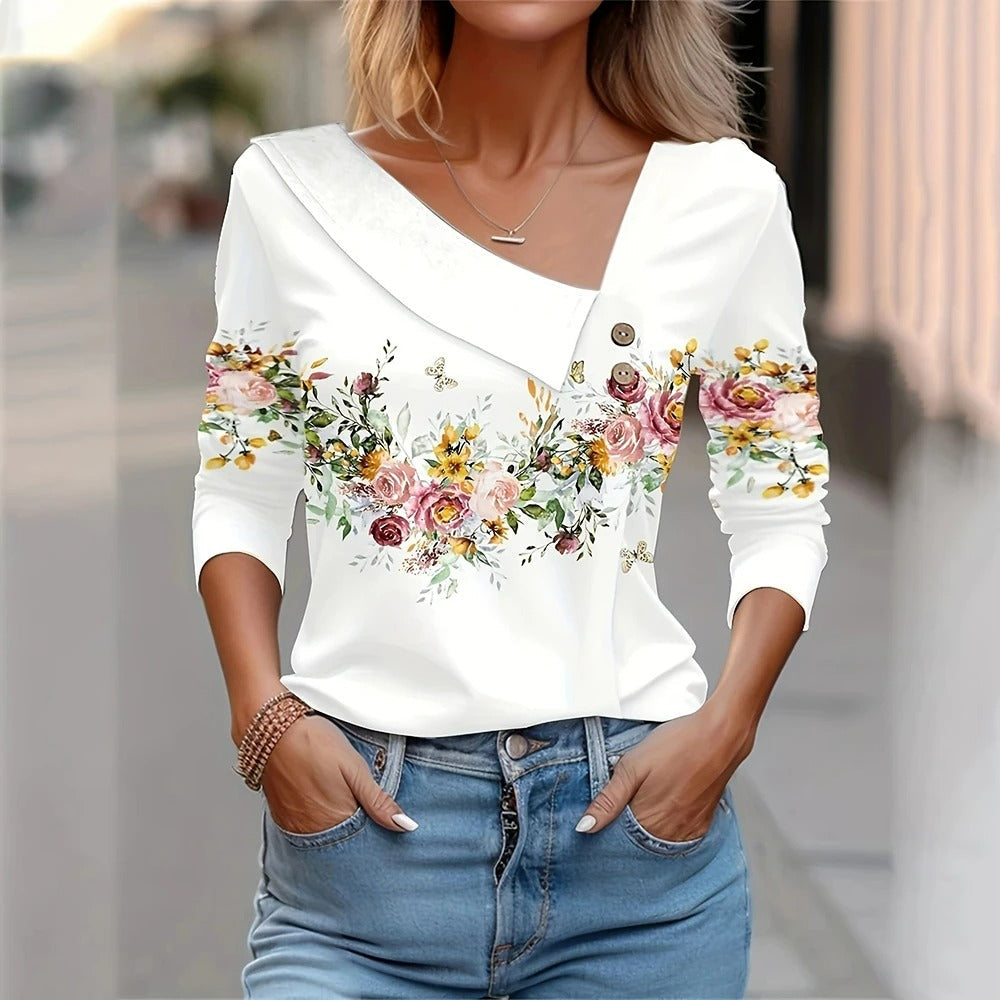 Women's Printed Floral Blouse – Relaxed Long Sleeve Blouse