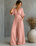 Women's V-Neck Wrap Wide Leg Jumpsuit – Cinched Waist Evening Occasion Jumpsuit