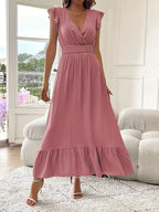 Women's V-Neck Tiered Evening Maxi Dress – Short Sleeve Smocked Waist Dress