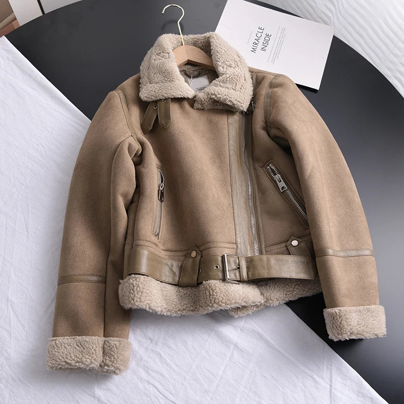 Women's Faux Shearling Aviator Jacket – Cropped Winter Jacket