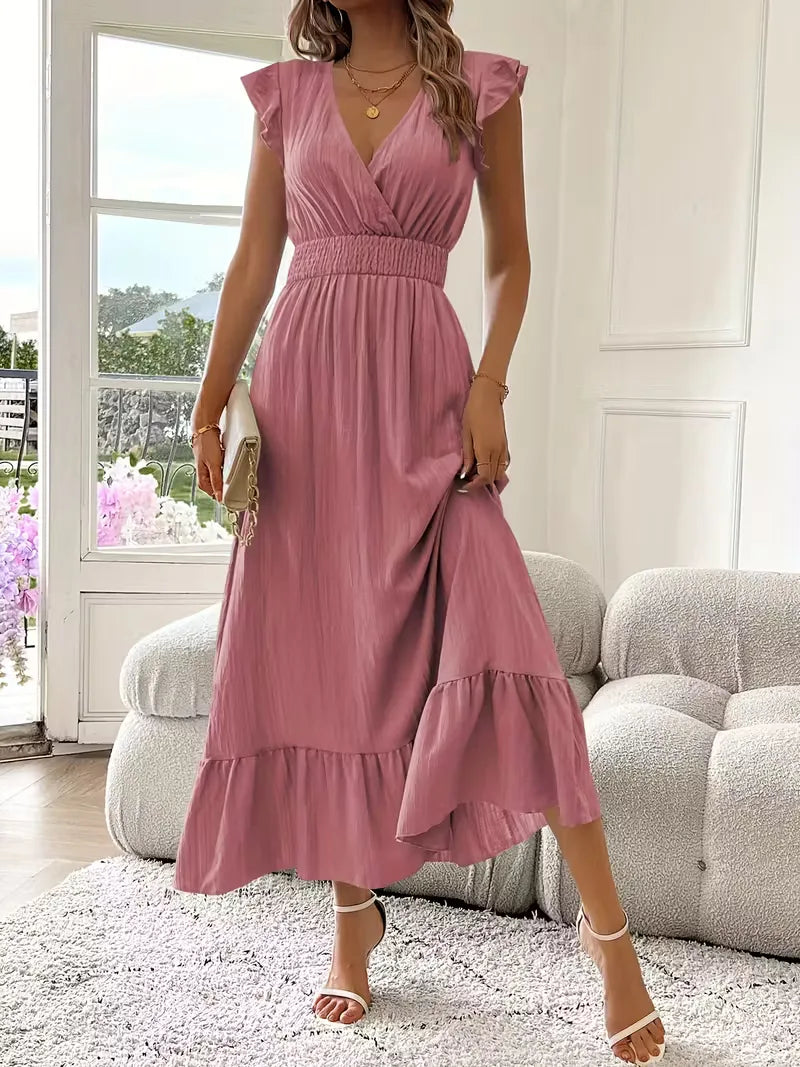 Women's V-Neck Tiered Evening Maxi Dress – Short Sleeve Smocked Waist Dress