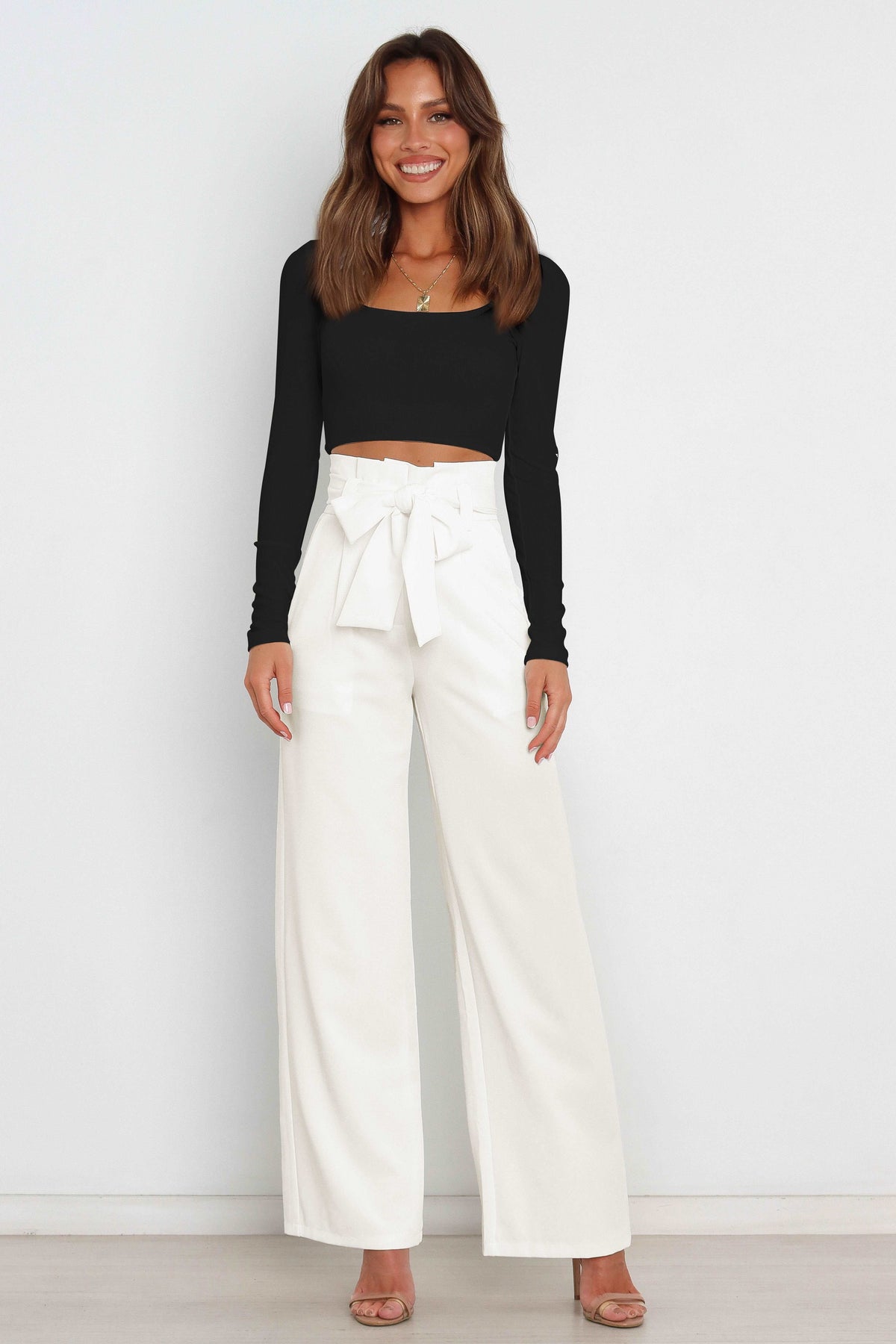 Women's Bow Tie Paperbag Waist Pants – High Rise Wide Leg Trousers