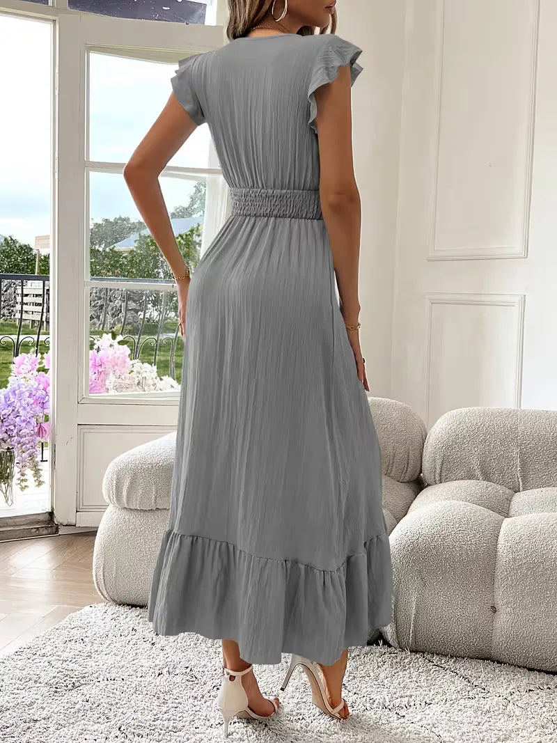 Women's V-Neck Tiered Evening Maxi Dress – Short Sleeve Smocked Waist Dress