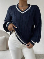 Women's Striped Cable Knit Sweater – V-Neck Preppy Pullover
