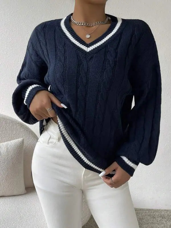 Women's Striped Cable Knit Sweater – V-Neck Preppy Pullover