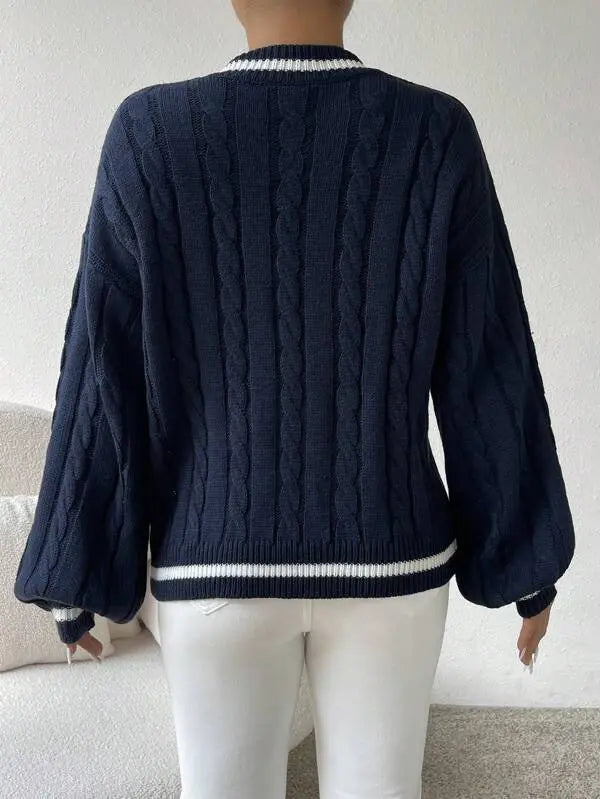 Women's Striped Cable Knit Sweater – V-Neck Preppy Pullover