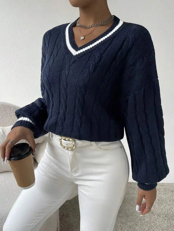 Women's Striped Cable Knit Sweater – V-Neck Preppy Pullover