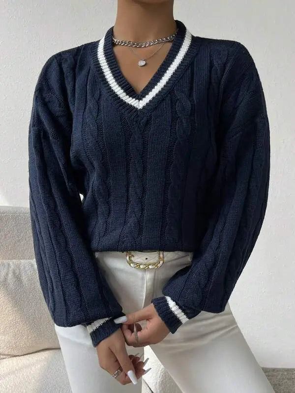 Women's Striped Cable Knit Sweater – V-Neck Preppy Pullover