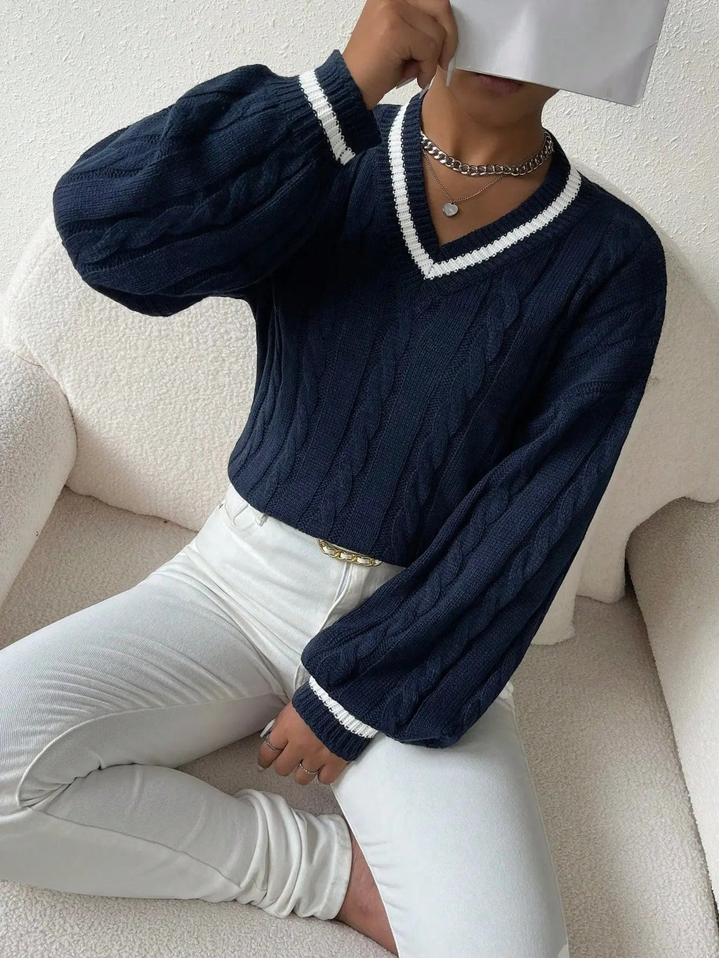 Women's Striped Cable Knit Sweater – V-Neck Preppy Pullover
