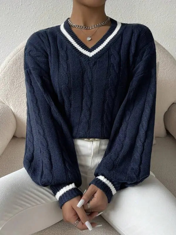 Women's Striped Cable Knit Sweater – V-Neck Preppy Pullover
