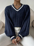 Women's Striped Cable Knit Sweater – V-Neck Preppy Pullover