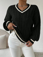 Women's Striped Cable Knit Sweater – V-Neck Preppy Pullover