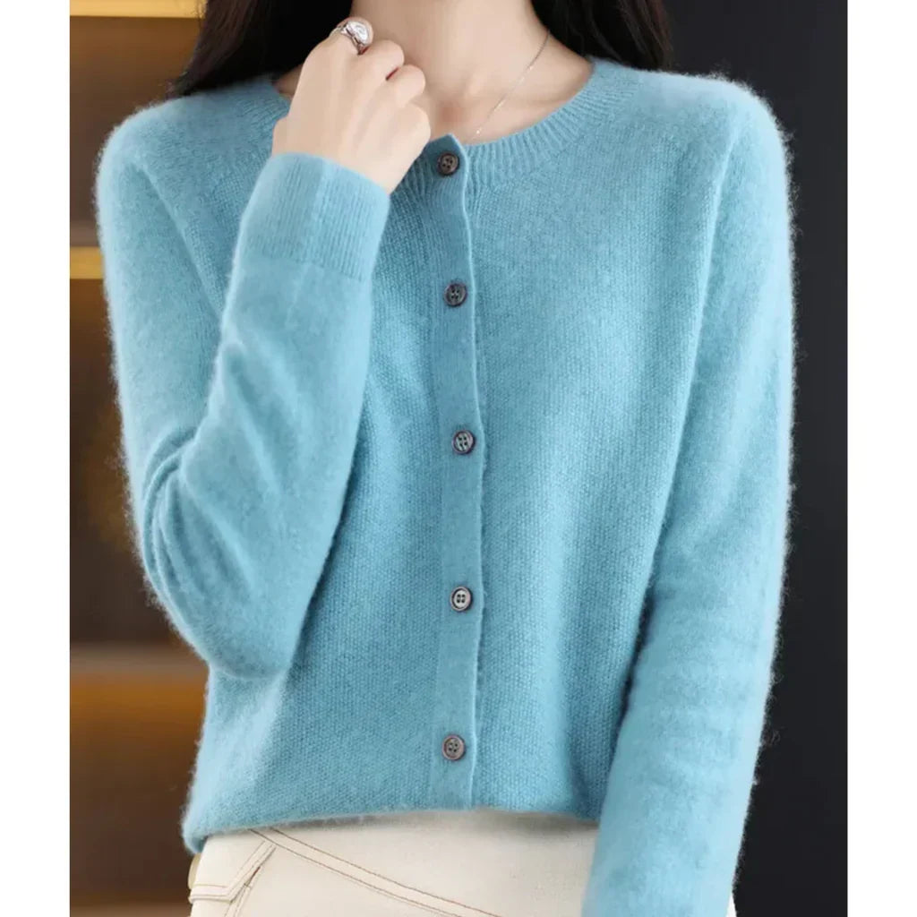 Women's Round Neck Button Cardigan – Lightweight Long Sleeve Cardigan