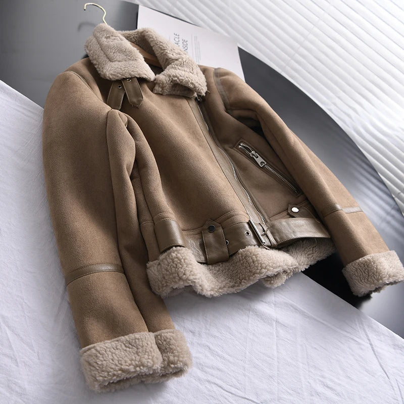 Women's Faux Shearling Aviator Jacket – Cropped Winter Jacket