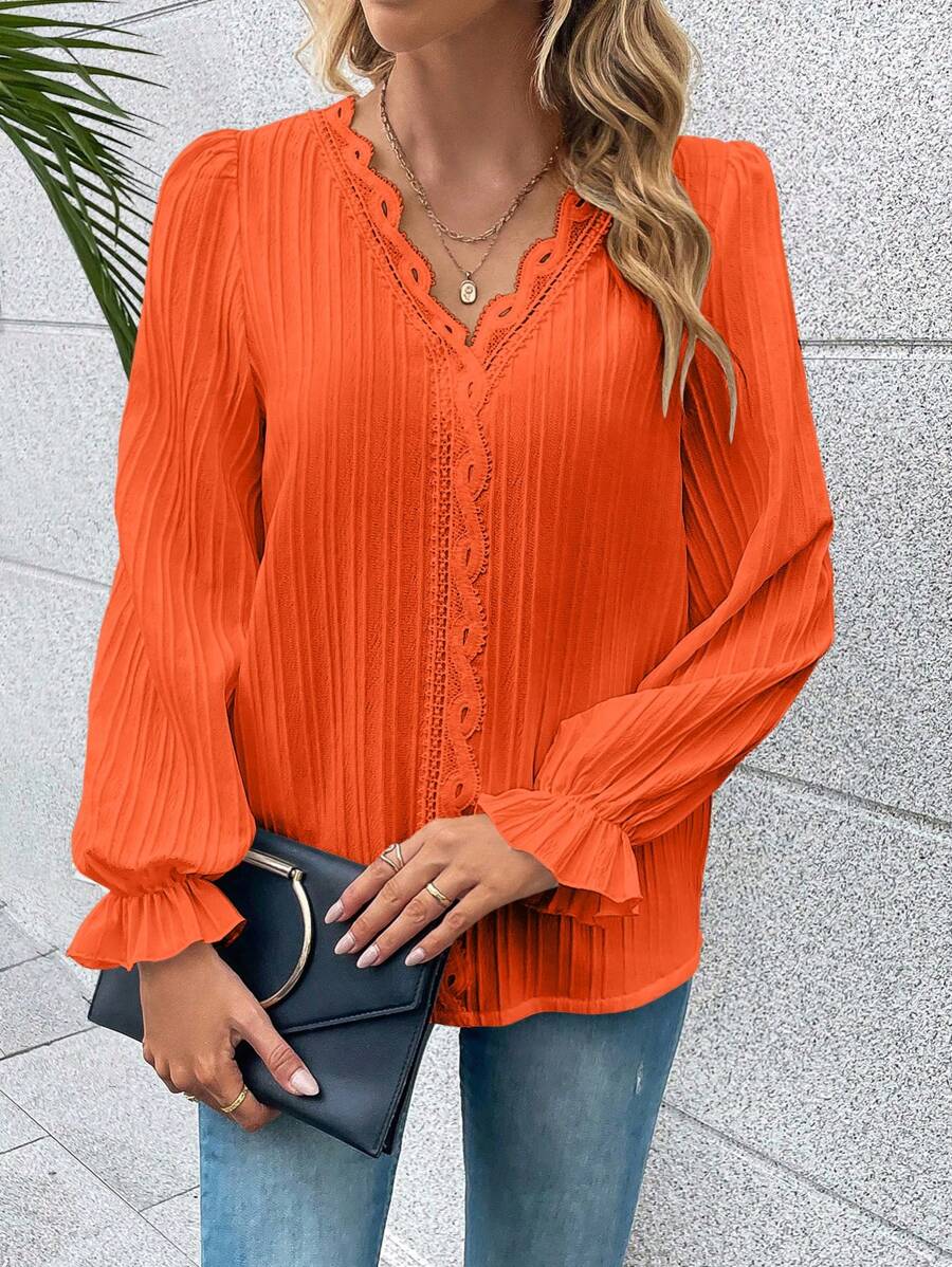 Women's Crew Neck Lace Blouse – Long Sleeve Detail Blouse