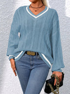 Women's Striped Cable Knit Sweater – V-Neck Preppy Pullover