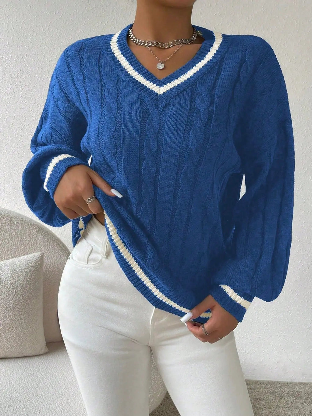 Women's Striped Cable Knit Sweater – V-Neck Preppy Pullover