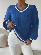Women's Striped Cable Knit Sweater – V-Neck Preppy Pullover