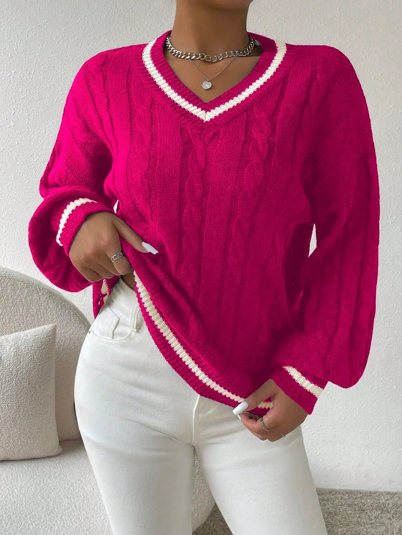 Women's Striped Cable Knit Sweater – V-Neck Preppy Pullover