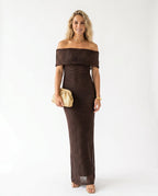 Women's Draped Shimmer Maxi Dress – Flowy Formal Evening Dress