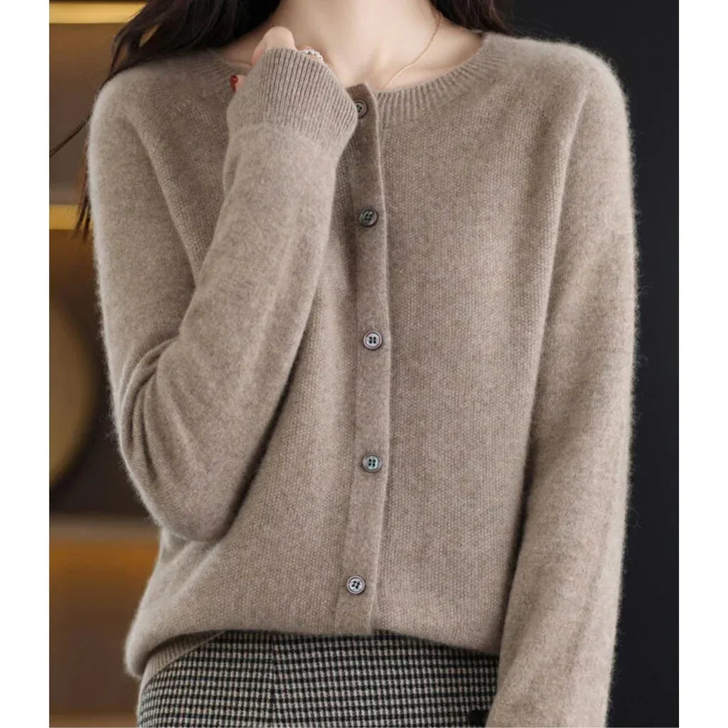 Women's Round Neck Button Cardigan – Classic Long Sleeve Cardigan