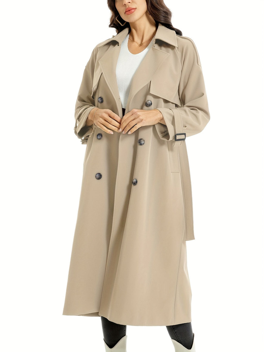 Women's Belted Wide Lapel Trench Coat – Classic Longline Overcoat