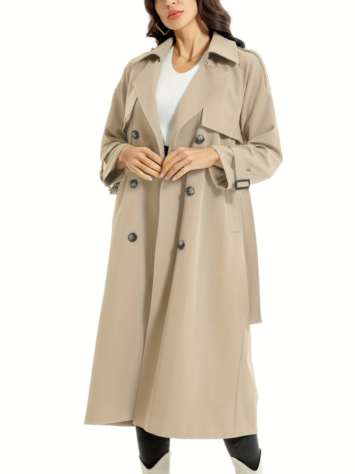 Women's Belted Wide Lapel Trench Coat – Classic Longline Overcoat